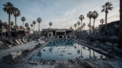 Fototapeta premium Abandoned Luxury Resort Pool Burned Ruins Palm Trees Wildfire Aftermath Apocalyptic Landscape