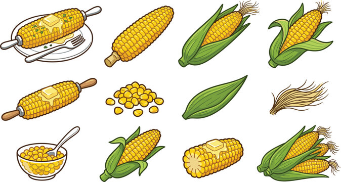 Sweet Corn Food Collection with Corn Cob Kernels Buttered Corn and Fresh Maize Vegetable Set Hand Drawn Farm Food Vector Illustration