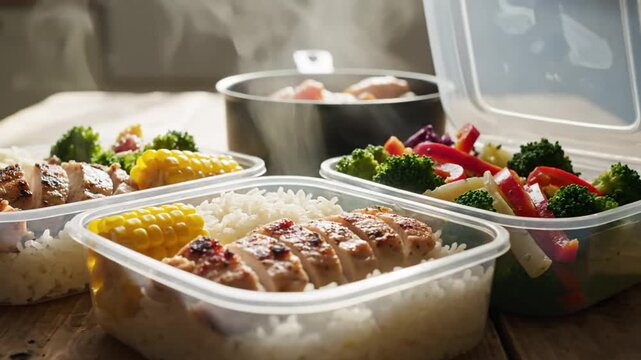 Steamed food in plastic containers on a wooden table with a pot in the background