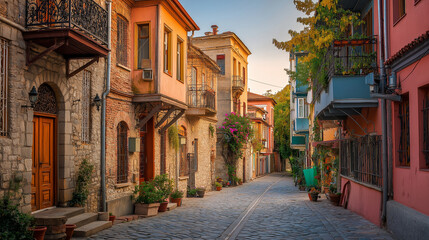 Naklejka premium A picturesque historic street featuring classic European architecture and charming urban heritage buildings.
