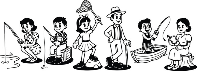 Fototapeta premium Retro cartoon fifties side view family fishing scene smiling children with net and boat grandfather reading woman on stump sunny