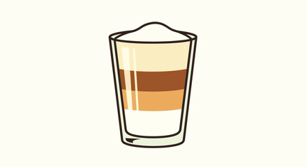 Layered latte macchiato in a clear glass, simple flat illustration, beige background