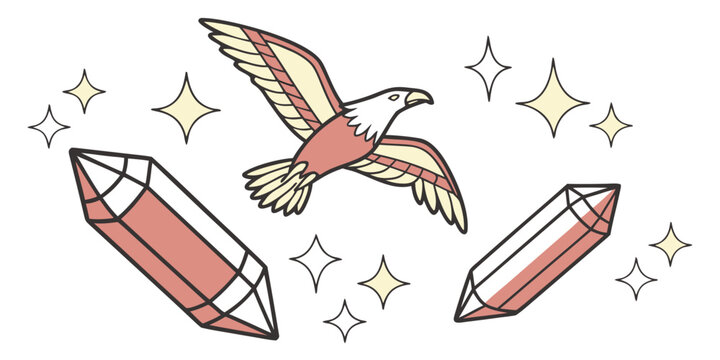 a red and yellow bird flying with two crystals and stars Vector