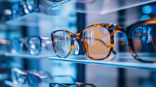 Stylish eyeglasses display in modern optical store with reflective lighting