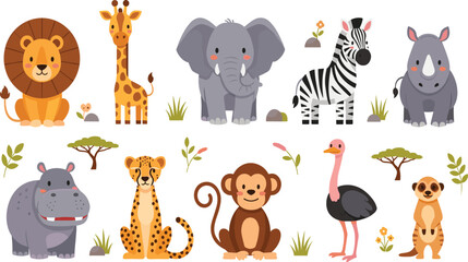 African Safari Animals Vector Illustration Set Featuring Lion, Giraffe, Elephant, Zebra, Rhino, Hippo, Cheetah, Monkey, Ostrich, and Meerkat for Wildlife Graphics. © MstSuborna