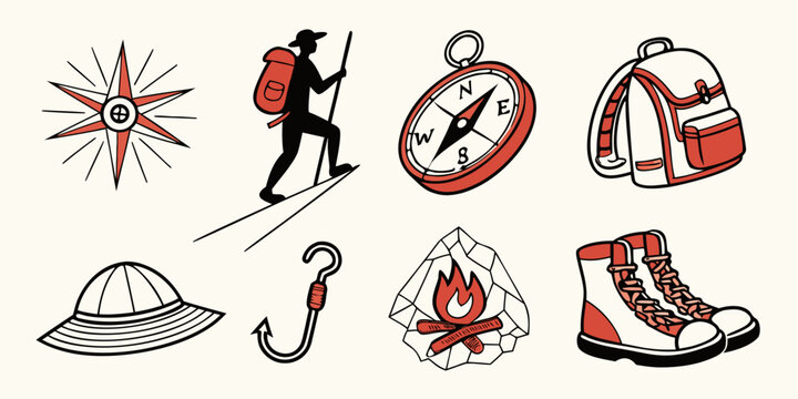 a set of icons for outdoor adventure and hiking Vector