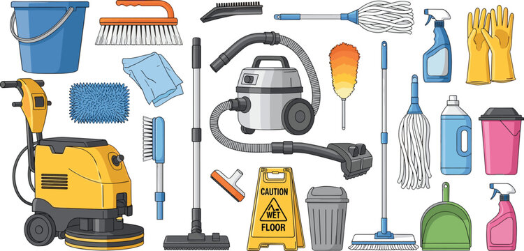 Cleaning equipment collection with vacuum mop broom bucket gloves detergent and floor machine housekeeping vector illustration set