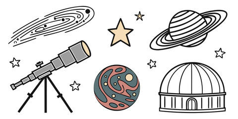 astronomy icons including telescope and planets Vector © RABBY