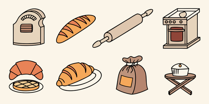 a collection of baking related objects and food Vector