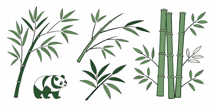 A panda bear surrounded by bamboo plants and leaves Vector