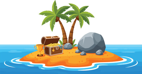 Treasure chest with gold coins trophy and palm trees on tropical island pirate adventure vector illustration © EdGe Creative