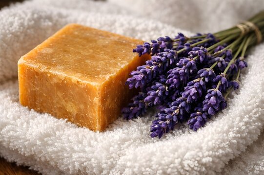 A square bar of natural handmade soap rests on a soft white towel next to a fresh bouquet of purple lavender flowers, suggesting a spa atmosphere.