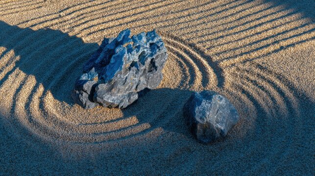 During prime time, a serene aerial view of a modern Zen garden with raked gravel and a sculptural stone inside. Travel magazine.