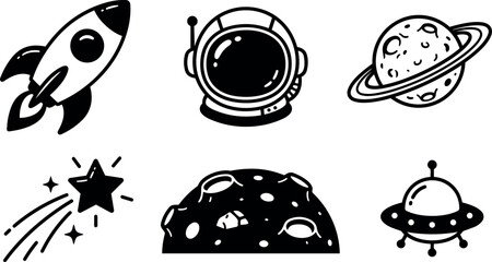 Black and white flat design space icons rocket ship astronaut helmet planet with rings shooting star cratered asteroid and flying saucer illustrations
