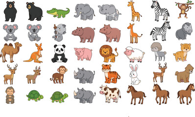 Fototapeta premium Wild and farm animals big collection including elephant giraffe zebra lion tiger panda camel horse turtle cartoon vector illustration set