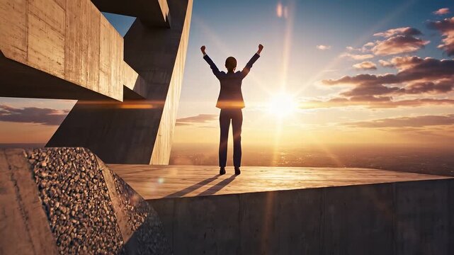 Confident businessman celebrating success on rooftop at sunset