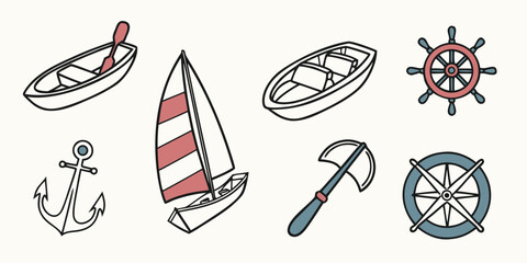 a collection of nautical icons including a sailboat anchor and ship wheel Vector © RABBY