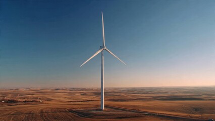 Single Wind Turbine in Vast Rural Landscape at Golden Hour