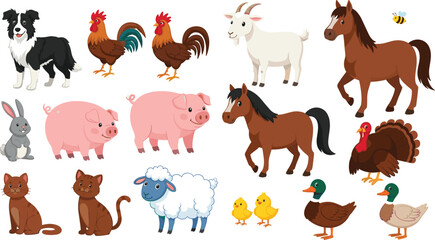 Fototapeta premium Farm animals collection including horse pig goat rooster turkey duck sheep rabbit dog cat bee cartoon vector illustration