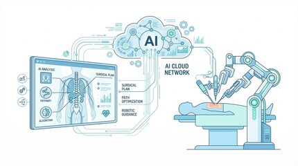 Fototapeta premium AI Cloud Network Robotic Surgery Vector Illustration: Artificial Intelligence Medical Technology for Diagnosis and Operation