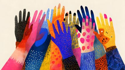 Colorful hands raised together