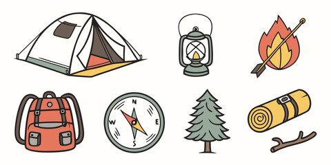 camping icons including tent and compass Vector © RABBY