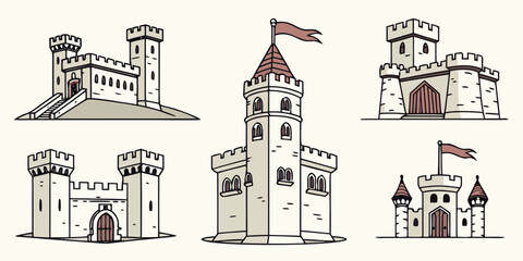 a set of six different castle illustrations Vector © RABBY