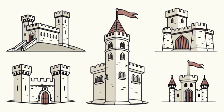 a set of six different castle illustrations Vector