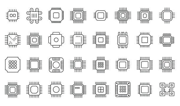 Collection of line icons representing various computer microprocessors and CPU chips.