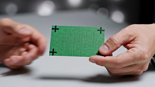 Businessman presenting green card with black crosses on table