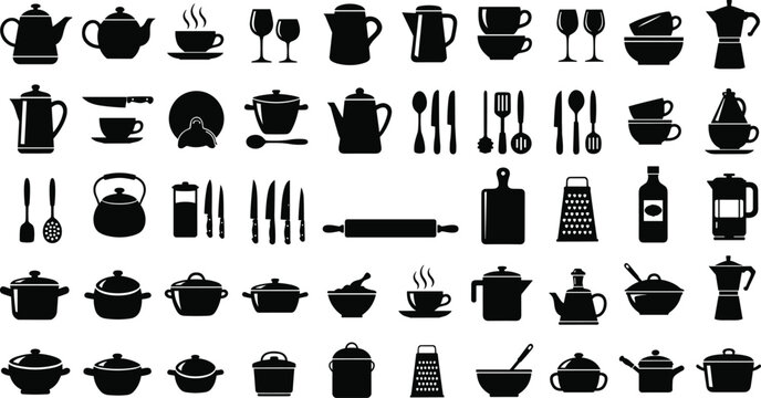 Kitchen utensil and cookware silhouette collection, cooking tools vector icons, pots teapots cups cutlery set, restaurant kitchen equipment illustration