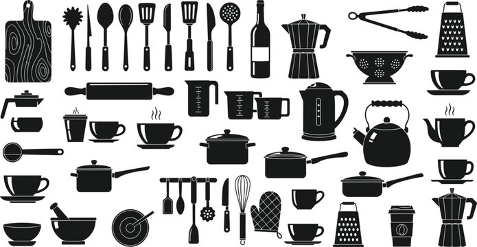Kitchen utensil silhouette collection, cooking tools vector set, cookware and tableware icons, kitchen equipment illustration, black culinary objects, restaurant and home cooking elements