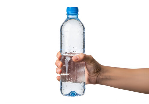 A hand holding a plastic water bottle isolated on transparent background