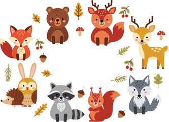 Obraz premium Cute Forest Animals Vector Illustration Set Featuring Fox, Bear, Deer, Raccoon, Wolf, Hedgehog, Rabbit, and Squirrel for Woodland Wildlife Graphics and Kids Designs.