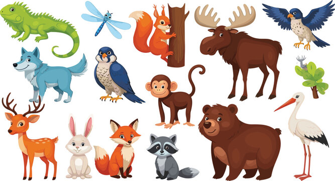 Forest animals collection set including wolf deer fox raccoon bear monkey moose squirrel dragonfly stork cartoon vector illustration