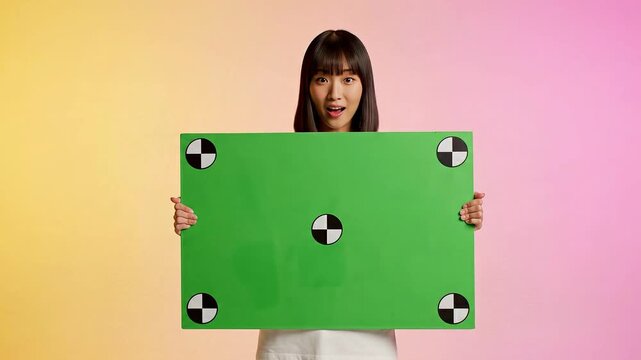 Surprised young woman holding green chroma key board with black and white calibration marks on colorful background