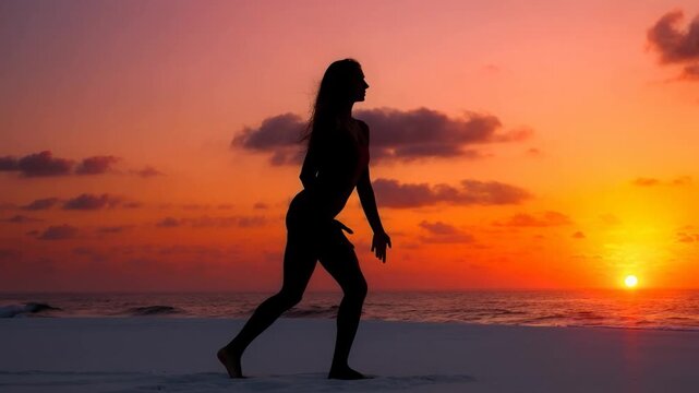 Woman practicing yoga on serene beach at vibrant sunset