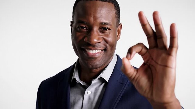 Confident businessman showing okay gesture in professional attire