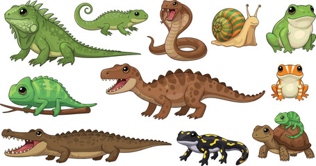 Reptile and amphibian animals collection including lizard snake crocodile turtle frog salamander and snail cartoon vector illustration set © EdGe Creative