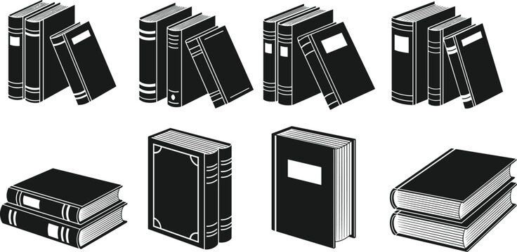 Minimal book stack icons set, library literature symbols collection, black silhouette hardcover textbooks, reading education concept, isolated vector illustration pack, classic study