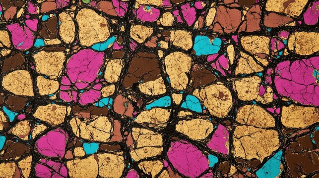 Vibrant Microscopic Rock Structure, Detailed Mineral Patterns in Gold, Pink, and Teal