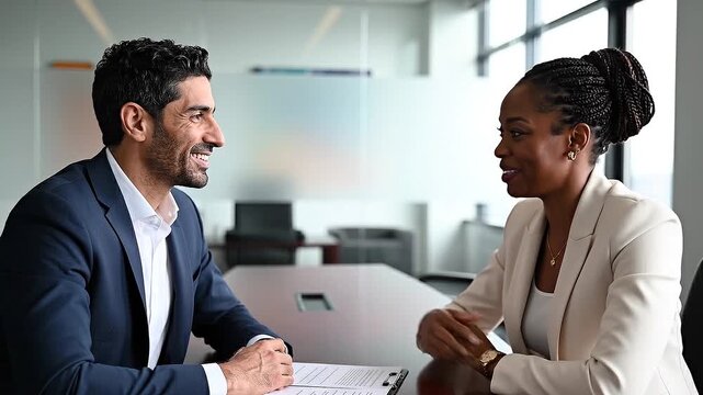 Professional business meeting between man and woman in modern office