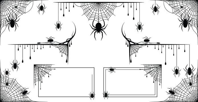 Halloween Spider Web Frames and Borders Set with Creepy Spiders, Cobweb Corners and Dripping Horror Elements for Spooky Invitation Design