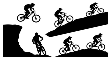 Obraz premium Black and White Silhouettes of Mountain Bikers in Action