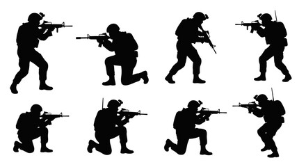 Obraz premium Black Silhouette Soldiers with Rifles Posing and Aiming Vector Graphics