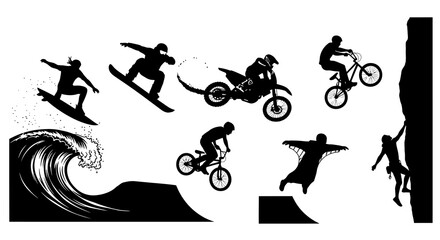 Naklejka premium Action Sports Silhouettes: Surfing, Snowboarding, Motocross, BMX, Wingsuit, Climbing