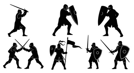 Obraz premium Black White Silhouette Knights Fighting with Swords and Shields