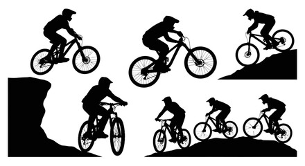 Naklejka premium Black and white silhouettes of mountain bikers on a white background