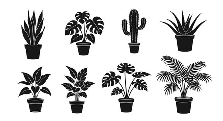 Fototapeta premium Black White Silhouette Potted House Plants Glyph Vector Set