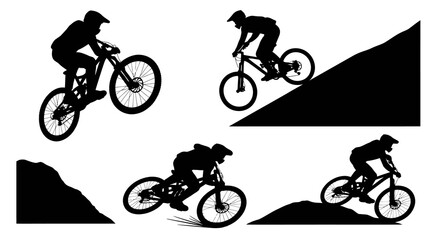 Fototapeta premium Mountain Biker Silhouettes Extreme Sports Downhill Cycling Vector Art
